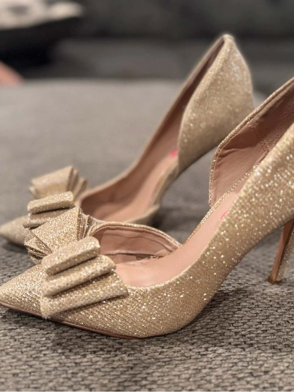 Betsey Johnson Gold Glitter Bow Pointed-Toe Stiletto Pumps